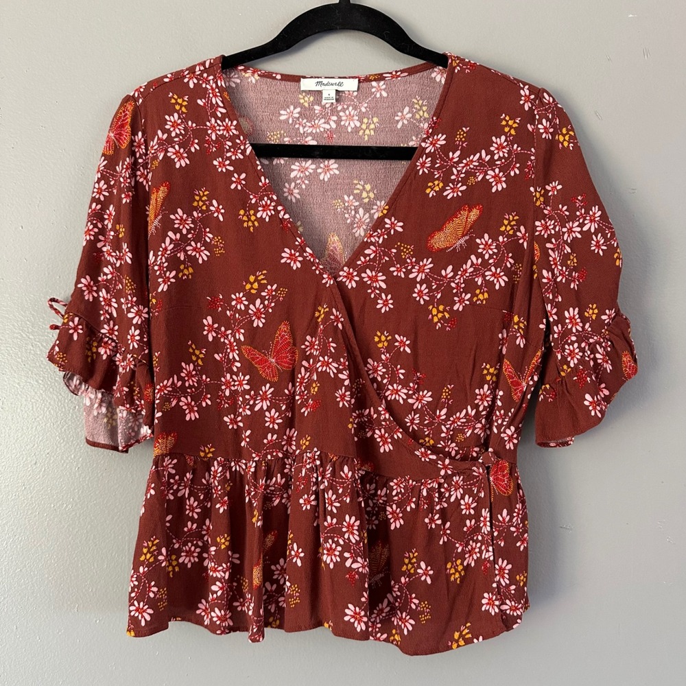 Madewell Rust Brown Tie Sleeve Wrap‎ Peplum Butterfly Top SZ 4/SM